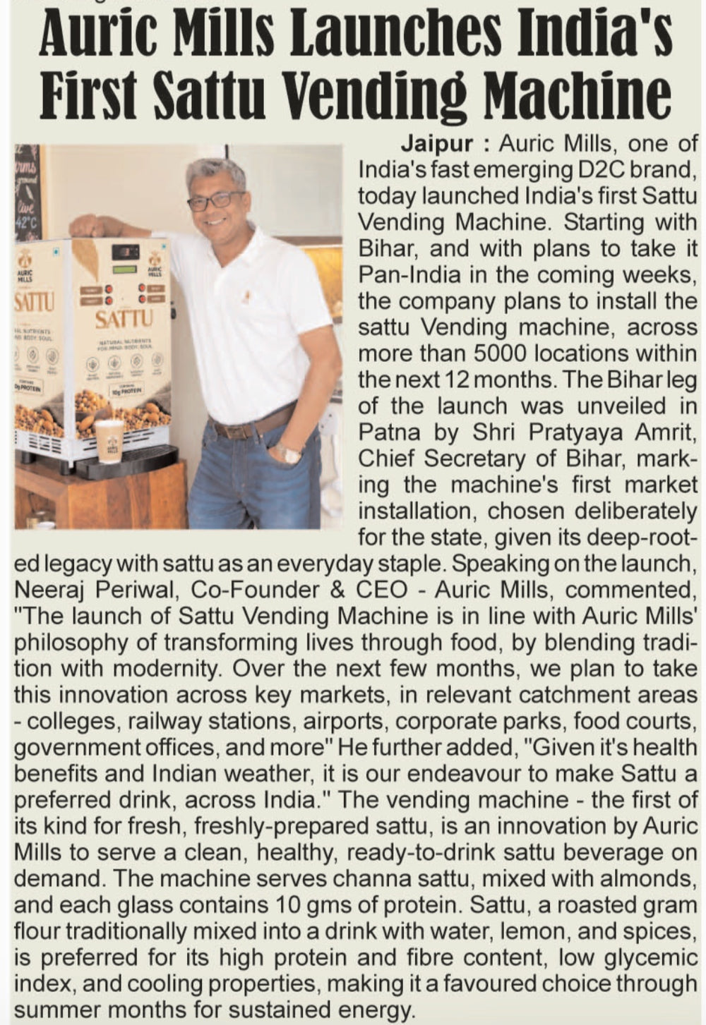 Auric Mills Launches India's First Sattu Vending Machine